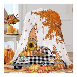 Farm Fresh Pumpkins Fall Throw Blanket Sunflower Gnome Soft Fleece Inches Orange